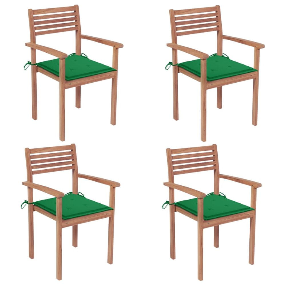 Vidaxl Záhradné stoličky 4 ks zelené podložky teakový masív